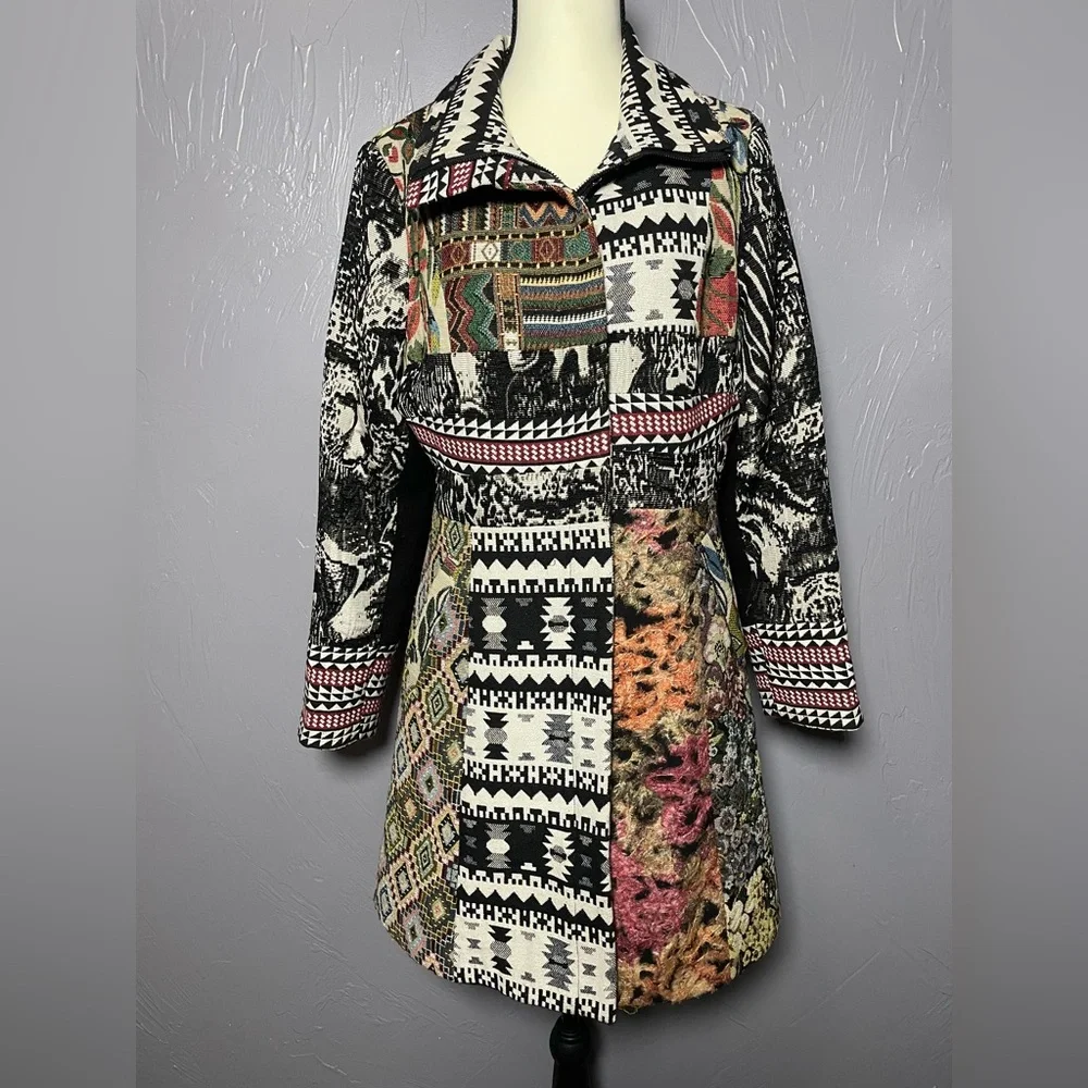 Vintage Tapestry Coat Patchwork 90's LARGE Western Tribal Floral Peacoat Small - Picture 2 of 11